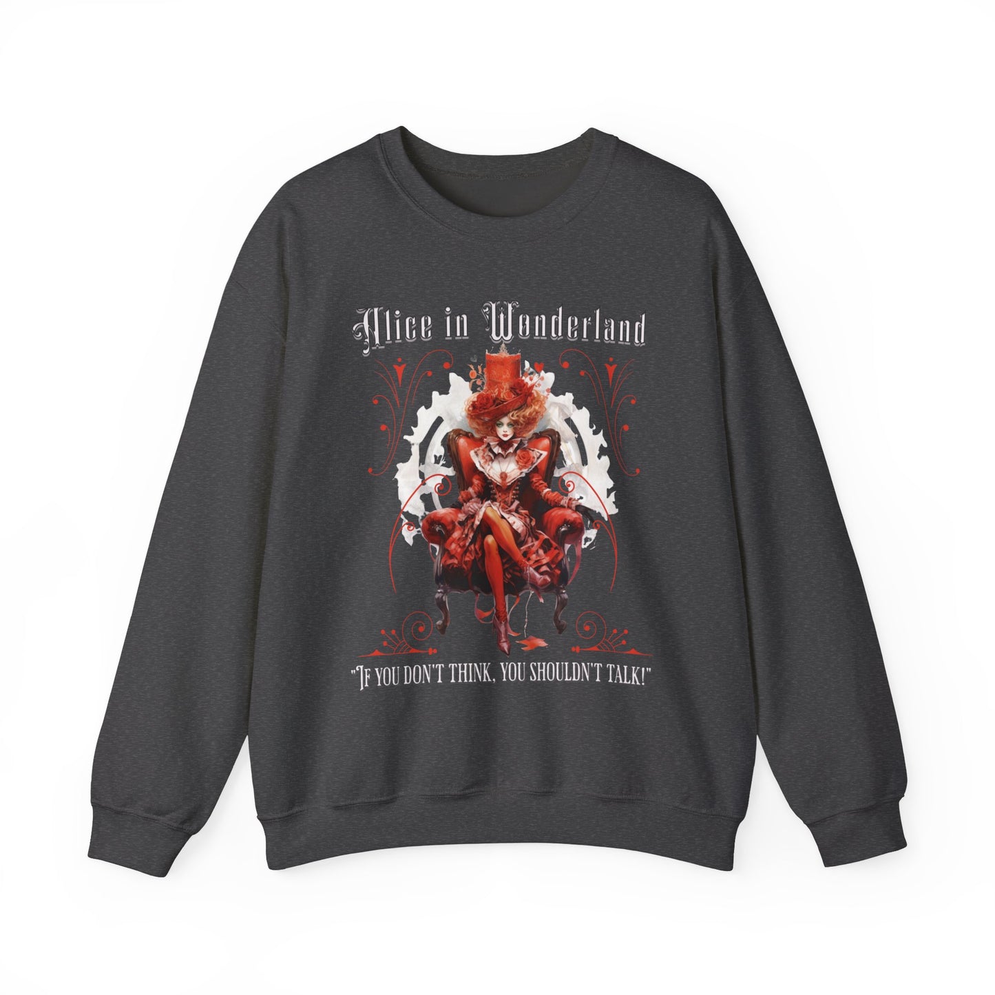 Queen of Hearts Sweatshirt, Alice In Wonderland Lewis Carroll Whimsigoth Academia Sweater Mad Hatter Tea Party Tee Bookish Booktok Gift Sweatshirt Printify S Dark Heather 