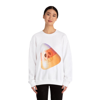 Halloween Candy Corn With Skull Face Sweatshirt, Trick or Treat Shirt, Spooky Ghost Season, Fun Halloween Fall Festival Party Sweater Sweatshirt Printify   