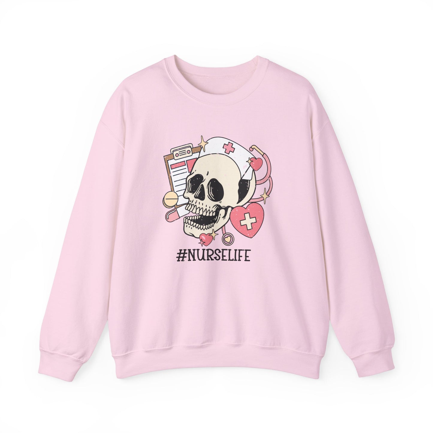 Halloween Nurse Sweatshirt,  Funny Spooky Skull Graphic Shirt, Spooky Season Sweater, Fall Season, Autumn Style Sweatshirt Sweatshirt Printify S Light Pink 