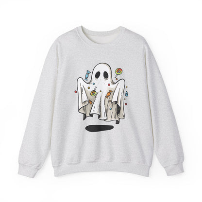 Cute Halloween Ghost Floating, Covered in Candy Sweatshirt, Trick or Treat Shirt, Spooky Ghost Season, Fun Halloween Party, Festival Sweater Sweatshirt Printify S Ash 