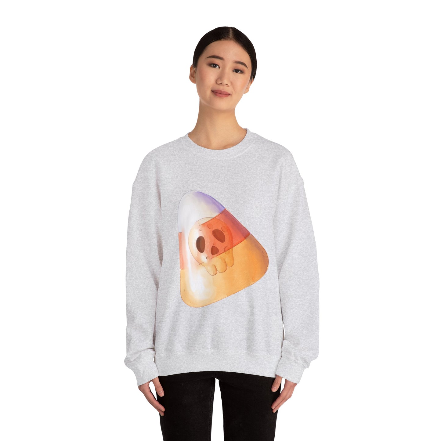 Halloween Candy Corn With Skull Face Sweatshirt, Trick or Treat Shirt, Spooky Ghost Season, Fun Halloween Fall Festival Party Sweater Sweatshirt Printify   