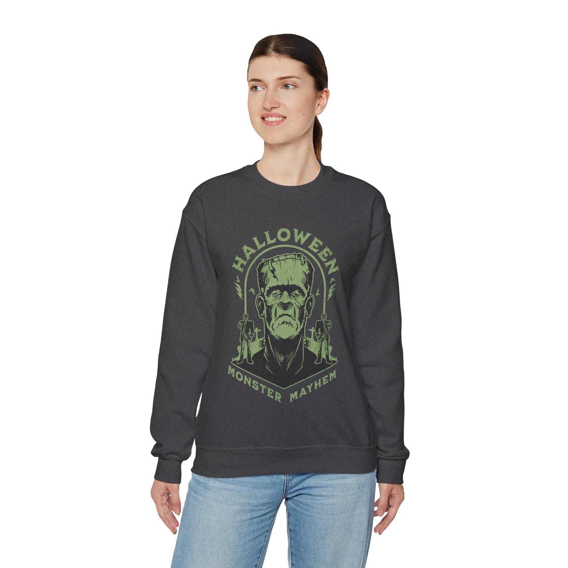 Vintage Halloween Frankenstein Monster Graphic Sweatshirt, Creepy Spooky Book Lover Gift, Horror Movie, Fall Festival Party Sweater. Sweatshirt Printify   