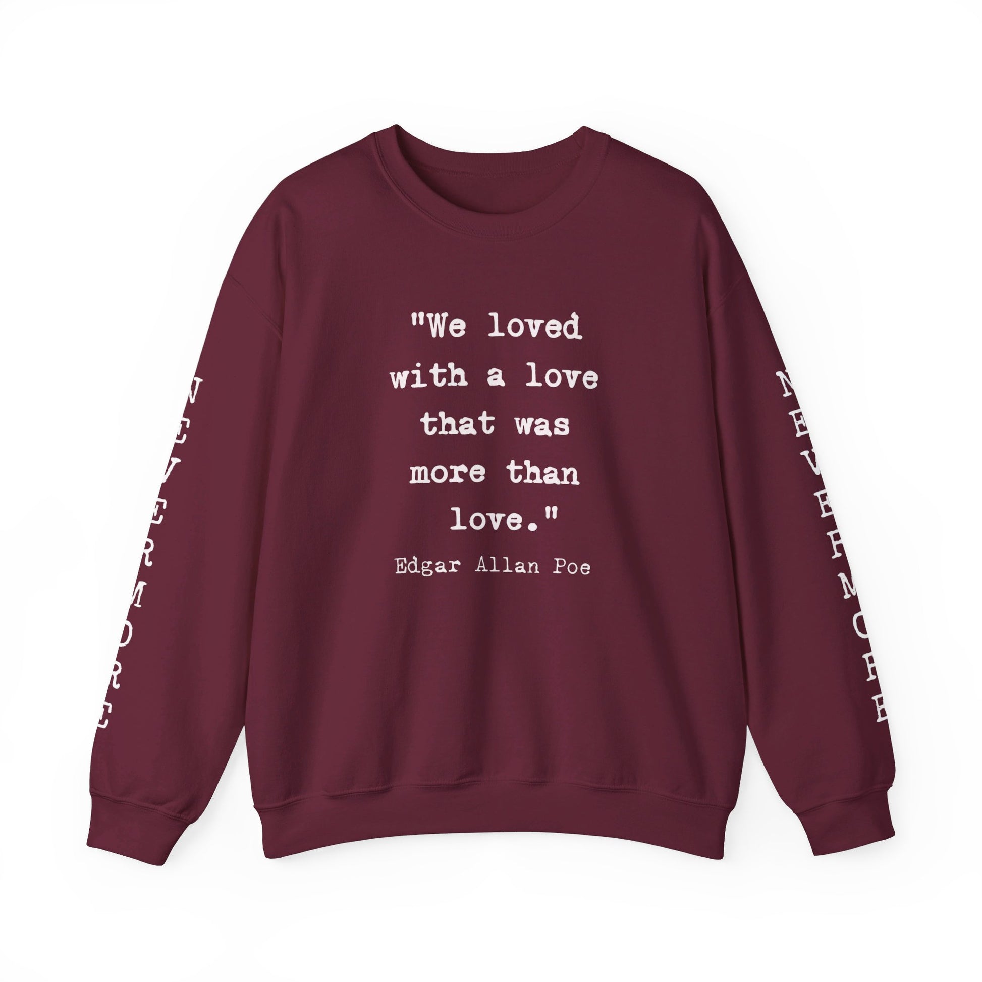 Edgar Allan Poe Sleeve Print Vintage Raven Poem Sweatshirt, Poetry Book Lover Sweater, Haunting Gothic Gift, Light, Dark Academia, Nevermore Sweatshirt Printify S Maroon 