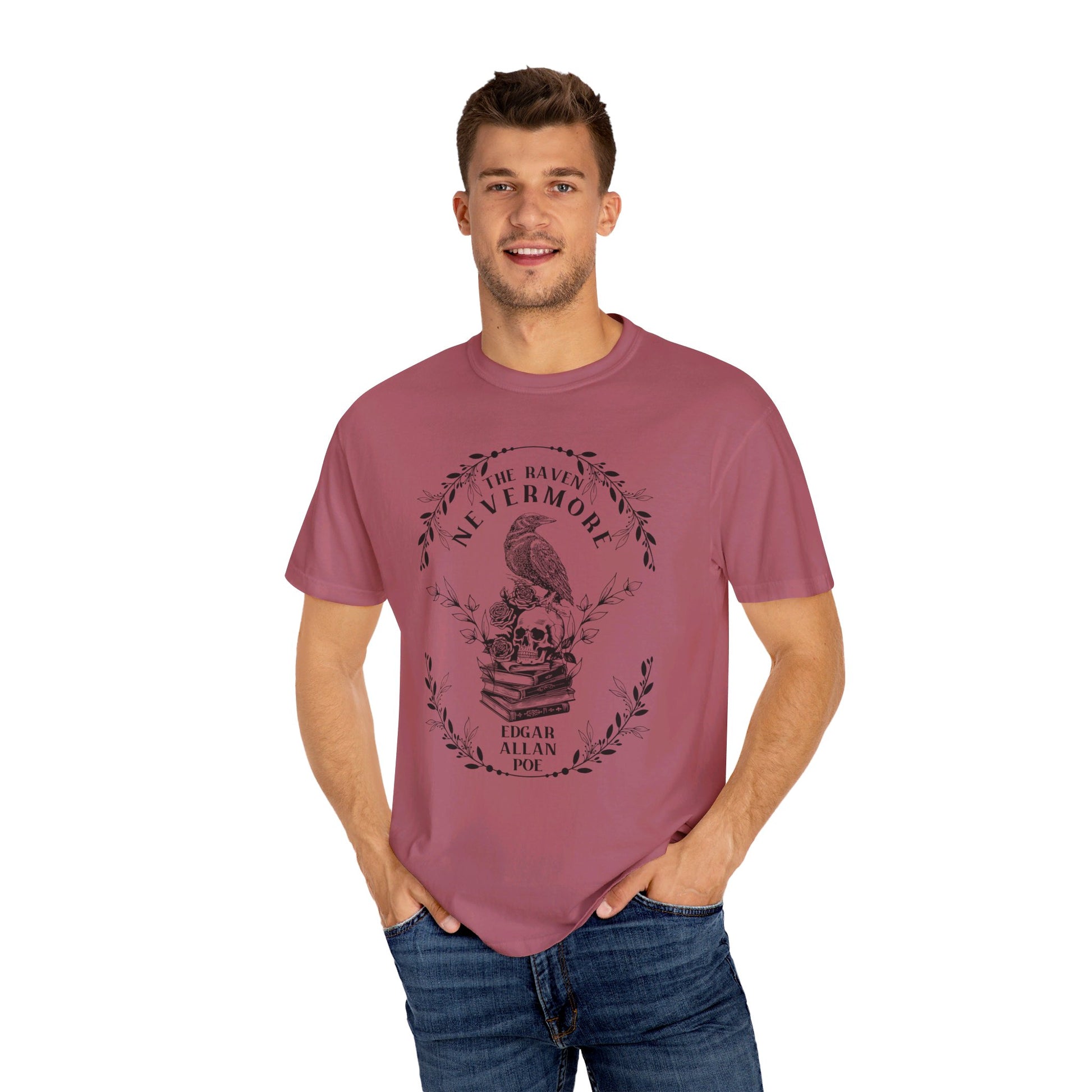 Edgar Allan Poe, Nevermore The Raven Comfort Colors TShirt, Book Lover, Halloween, Haunting Gothic Gift, Light, Dark Academia, Horror Movie T-Shirt Printify   