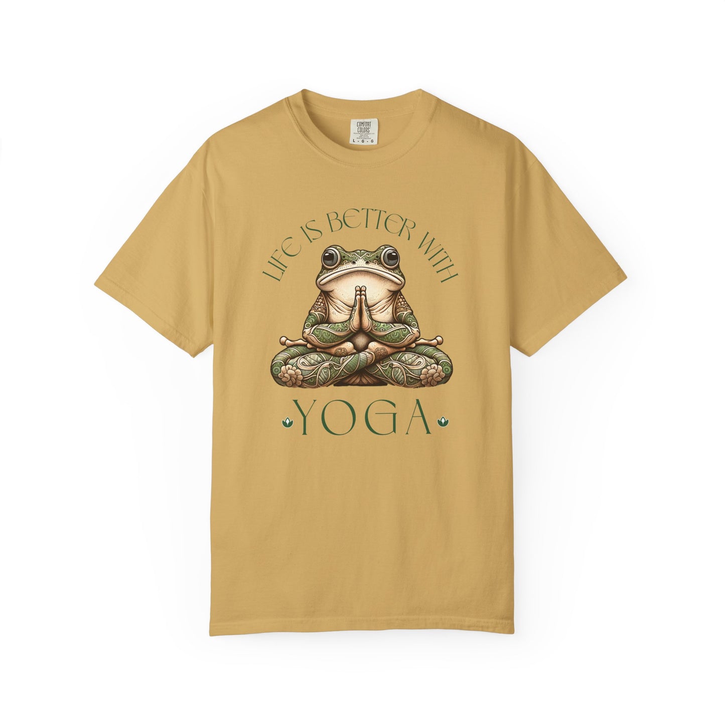 Green Yoga Frog Life Is Better With Yoga Unisex T-Shirt, Casual Wear, Highlander Fan Gift, T-Shirt Printify Mustard S