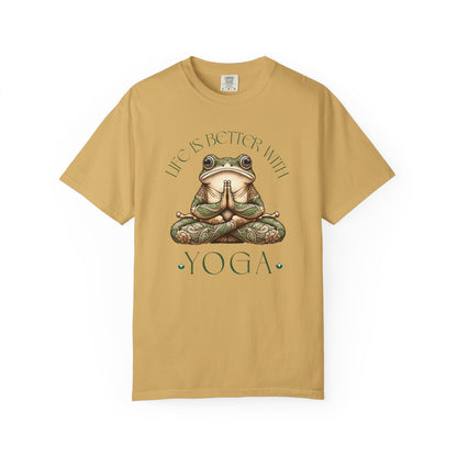 Green Yoga Frog Life Is Better With Yoga Unisex T-Shirt, Casual Wear, Highlander Fan Gift, T-Shirt Printify Mustard S