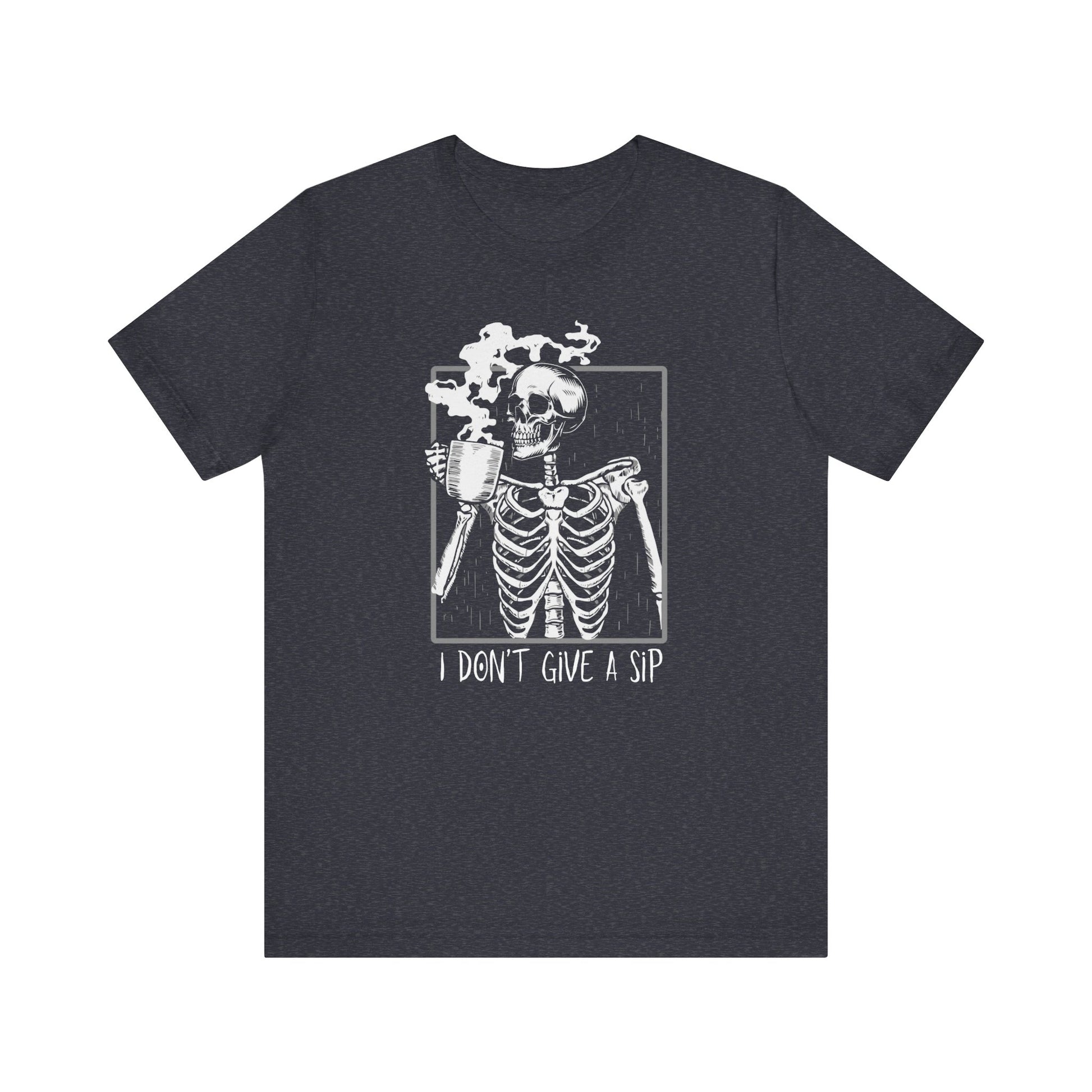 Halloween Skeleton TShirt, Funny Coffee Drinking Skeleton, Spooky Season Tee, Trick or Treating Shirt, Halloween Party T-Shirt, T-Shirt Printify Heather Navy XS 