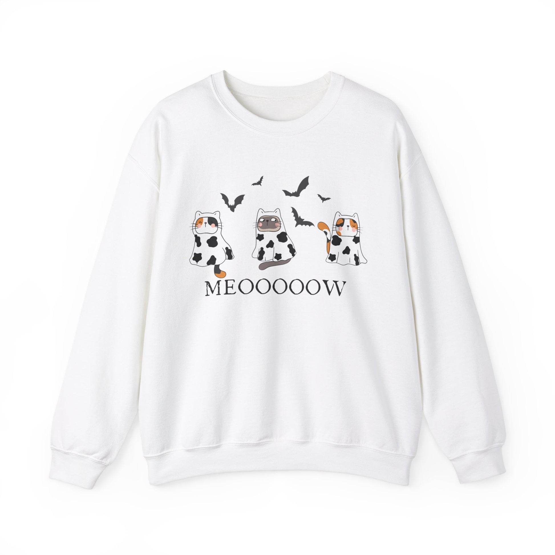 Cute Halloween Cow Ghost Cats Sweatshirt, Cats in Cow Ghost Costumes, Spooky Season Sweater, Halloween Party Shirt, Cat Lover Gift Sweatshirt Printify S White 