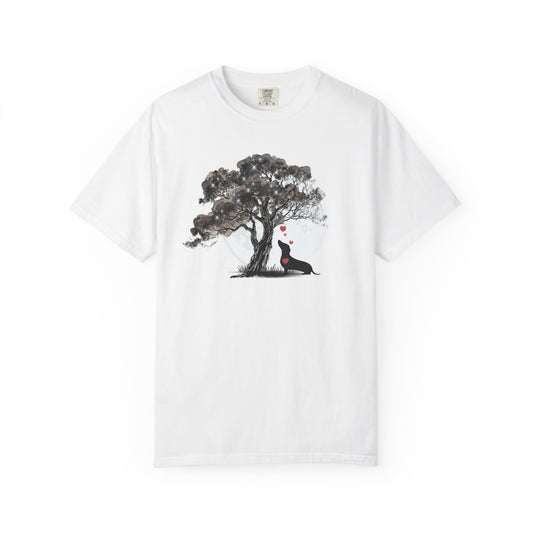 TREE MOON PET Black Dog Under Tree with Red Ball T-shirt | Dog Silhouette Nature Tee