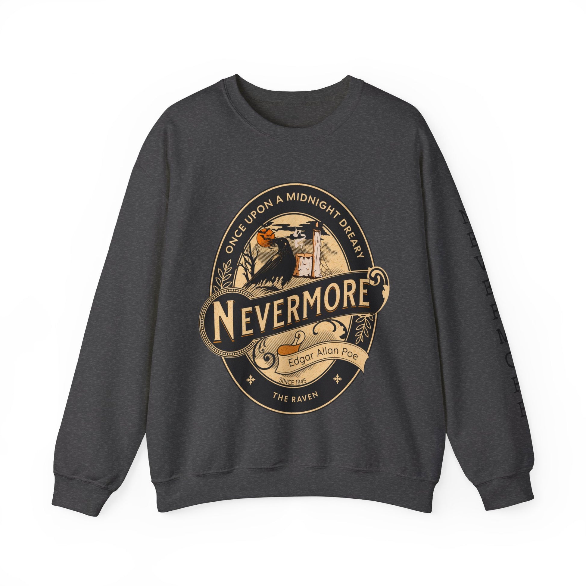 Edgar Allan Poe, Sleeve Print Nevermore The Raven Sweatshirt, Book Lover, Halloween, Haunting Gothic Gift, Light, Dark Academia, Horror Movie Sweater Sweatshirt Printify S Dark Heather 