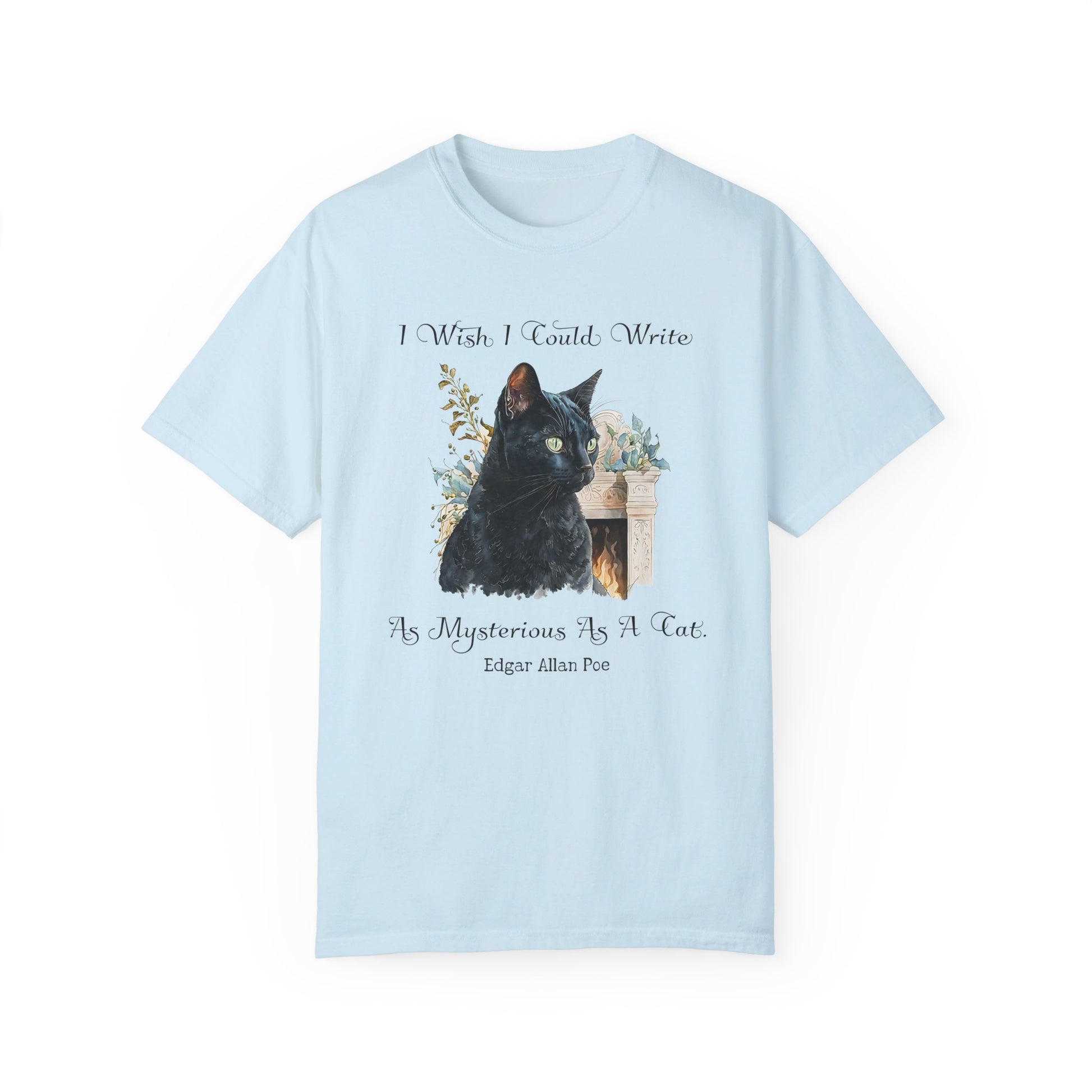 Edgar Allan Poe T-Shirt The Black Cat Nevermore The Raven Poe Fan Art Poetry Book Lover, Dark Cottagecore Macabre Gift, Light, Dark Academia T-Shirt Printify Chambray S 