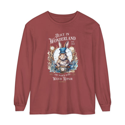 Alice in Wonderland Long Sleeve Shirt, Lewis Carroll Dark Academia TShirt, Mad Hatter Tea Party March Hare White Rabbit Bookish Booktok Gift Long-sleeve Printify Brick S 