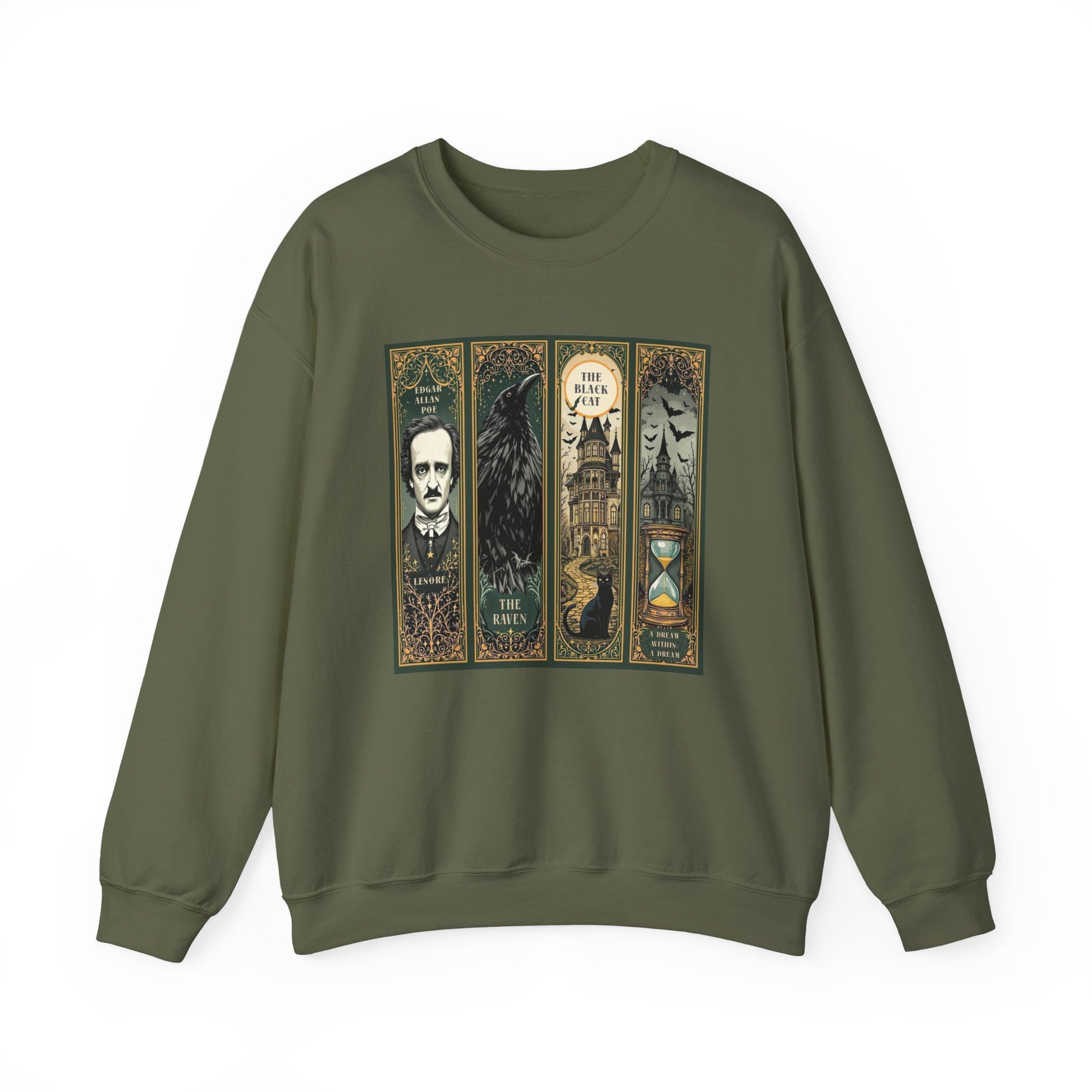 Edgar Allan Poe Sweatshirt The Raven Nevermore Gothic Horror Sweater Dark Academia Macabre Halloween Gift for Book Lovers Birthday Christmas Sweatshirt Printify Military Green S