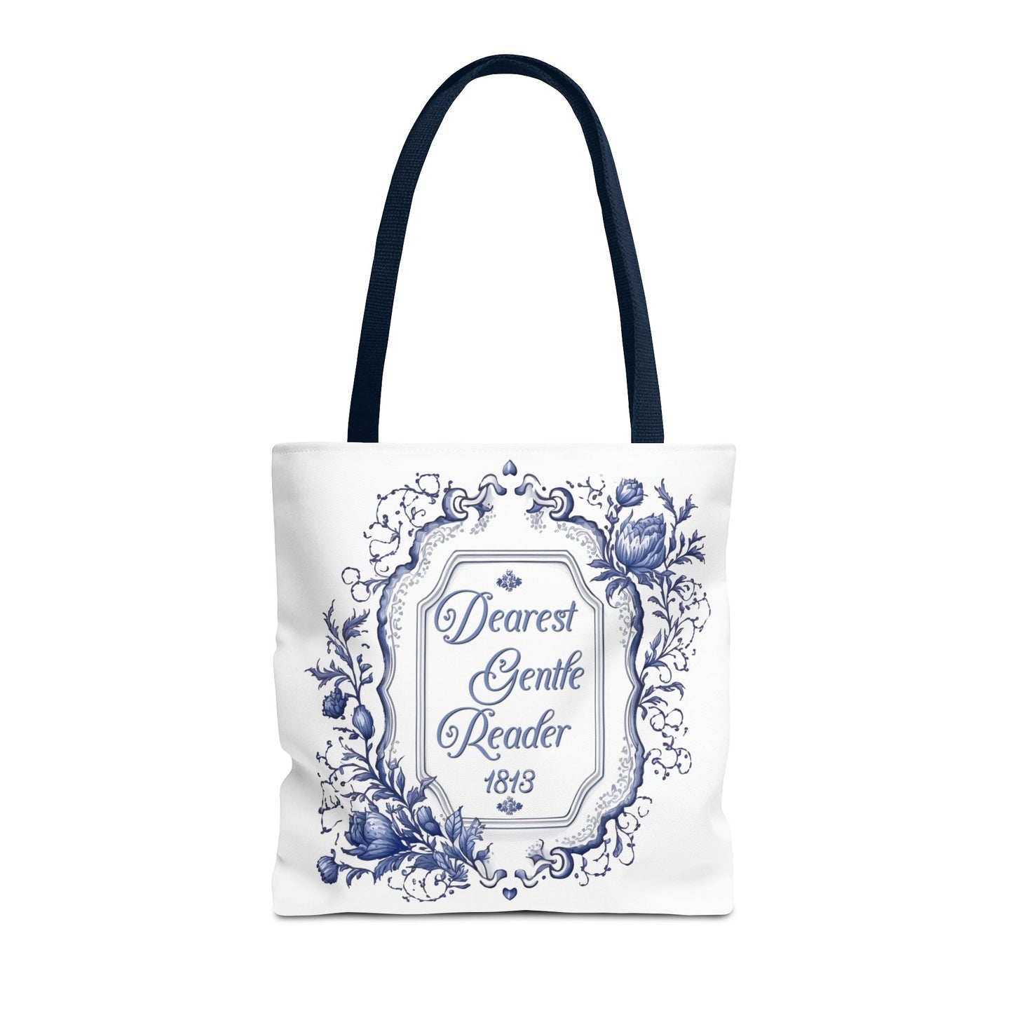 Dearest Gentle Reader Tote Bag Regency England Ton Society Papers Gift For Bridgeton Fan Historical Drama Romance Reader Gift Bookclub Gift Bags Printify 16" × 16'' Navy 