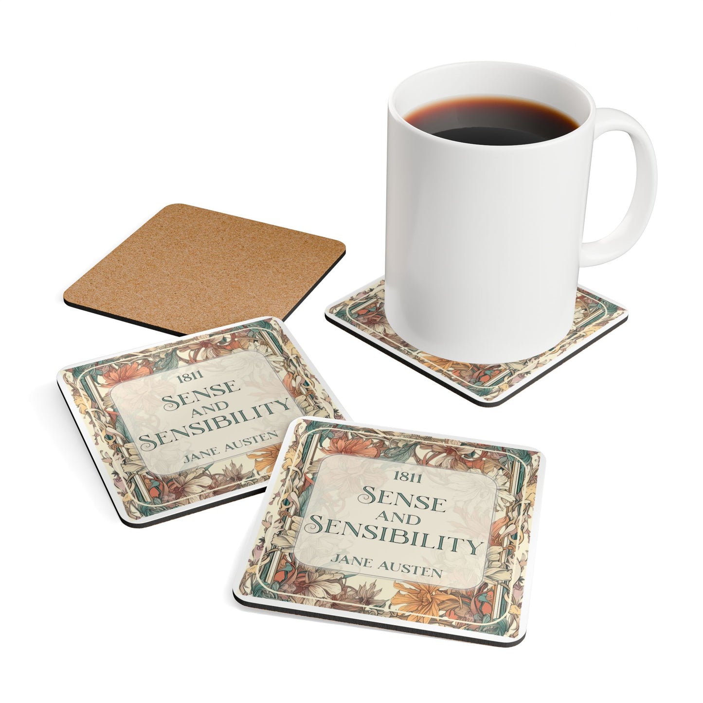 Jane Austen Coffee Mug Coasters, Pride & Prejudice Historical Romance Home Decor, Bookish Bookclub Literary Set of 4 Fan Art Gifts for Her, Home Decor Printify   