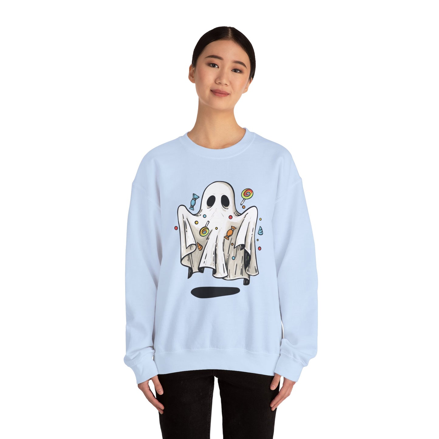 Cute Halloween Ghost Floating, Covered in Candy Sweatshirt, Trick or Treat Shirt, Spooky Ghost Season, Fun Halloween Party, Festival Sweater Sweatshirt Printify   