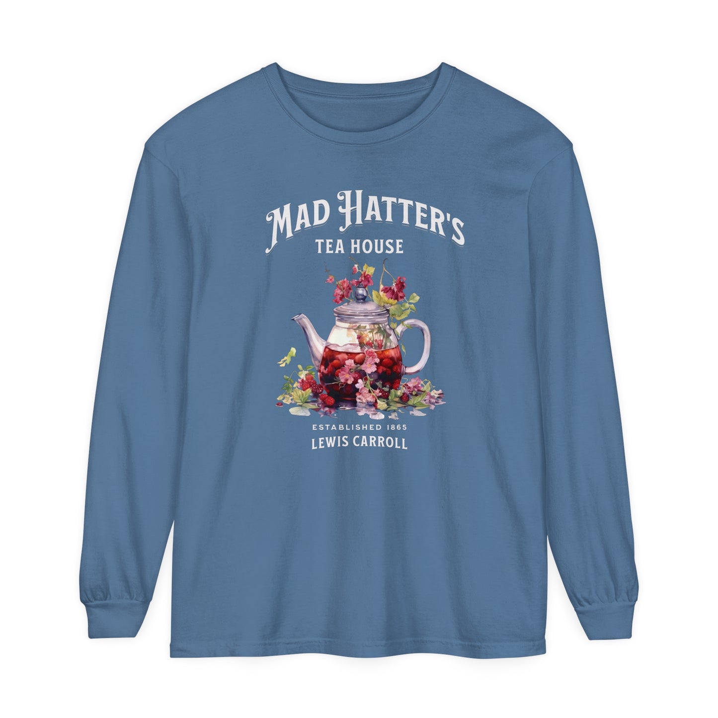 Mad Hatter's Tea Long Sleeve Shirt Alice In Wonderland Lewis Carroll Whimsigoth Academia TShirt Mad Hatter Tea Party Tee Bookish Booktok Long-sleeve Printify Blue Jean S 