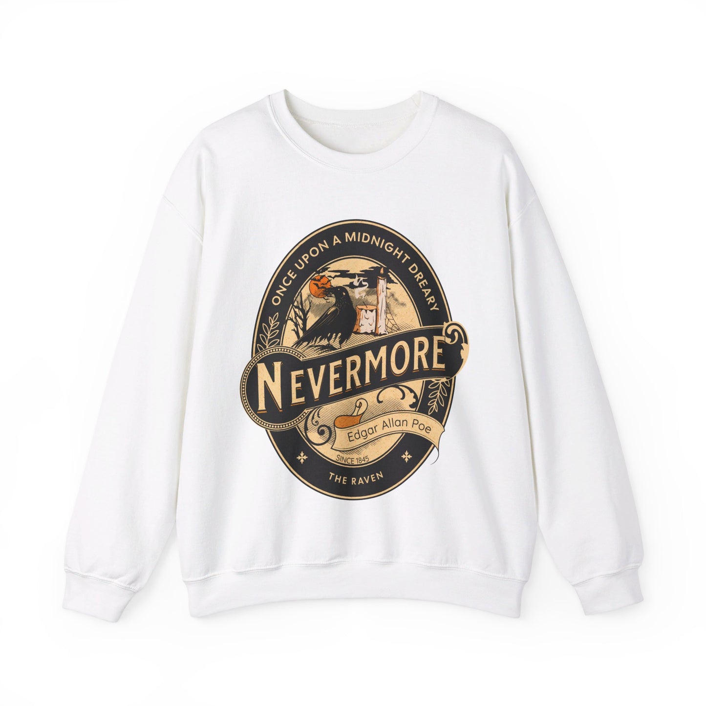 Edgar Allan Poe, Nevermore The Raven Sweatshirt, Book Lover, Halloween, Haunting Gothic Gift, Light, Dark Academia, Horror Movie Sweater Sweatshirt Printify S White 