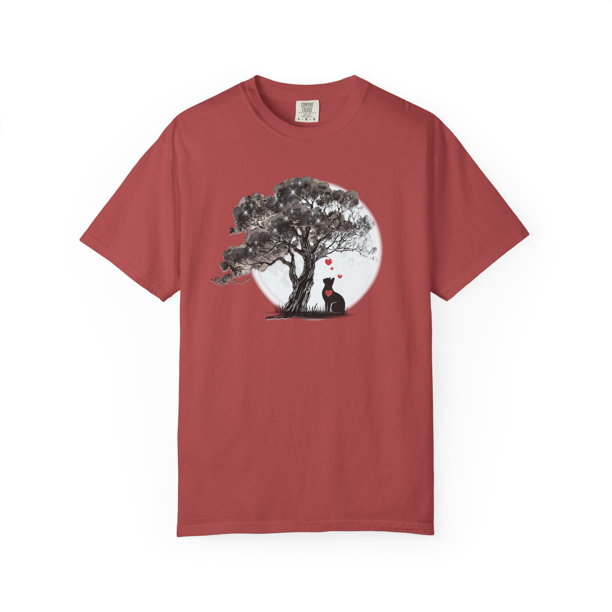 TREE MOON PET Black Dog Under Tree with Red Ball T-shirt | Dog Silhouette Nature Tee