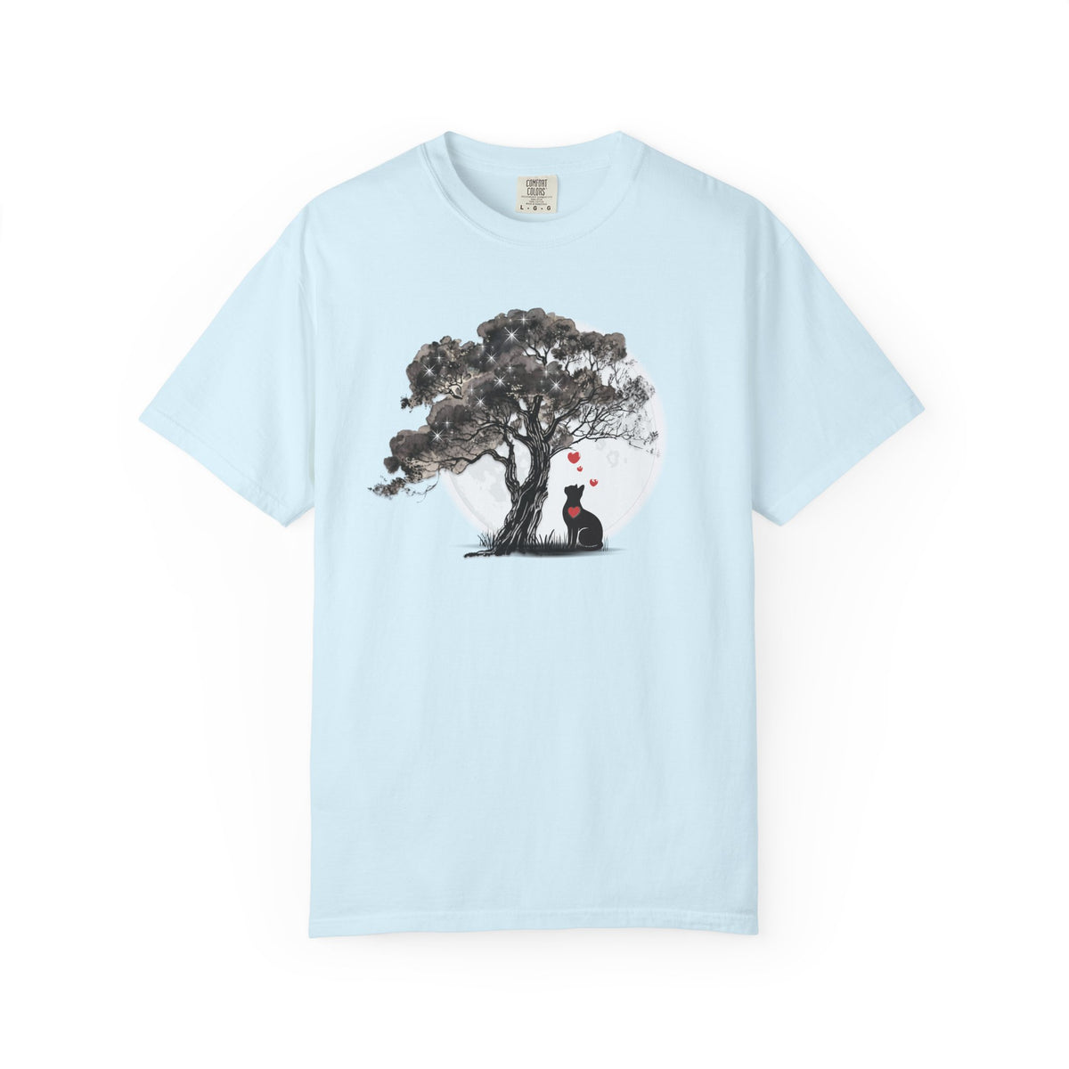 TREE MOON PET Black Dog Under Tree with Red Ball T-shirt | Dog Silhouette Nature Tee