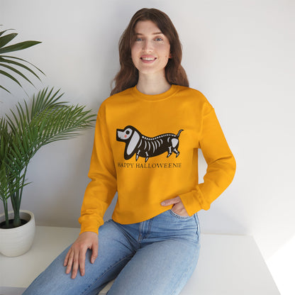 Funny Halloween Dachshund Lover Sweatshirt, Skeleton Dachshund Walking Graphic, Trick or Treat Shirt, Spooky Season, Happy Halloweenie Top Sweatshirt Printify   