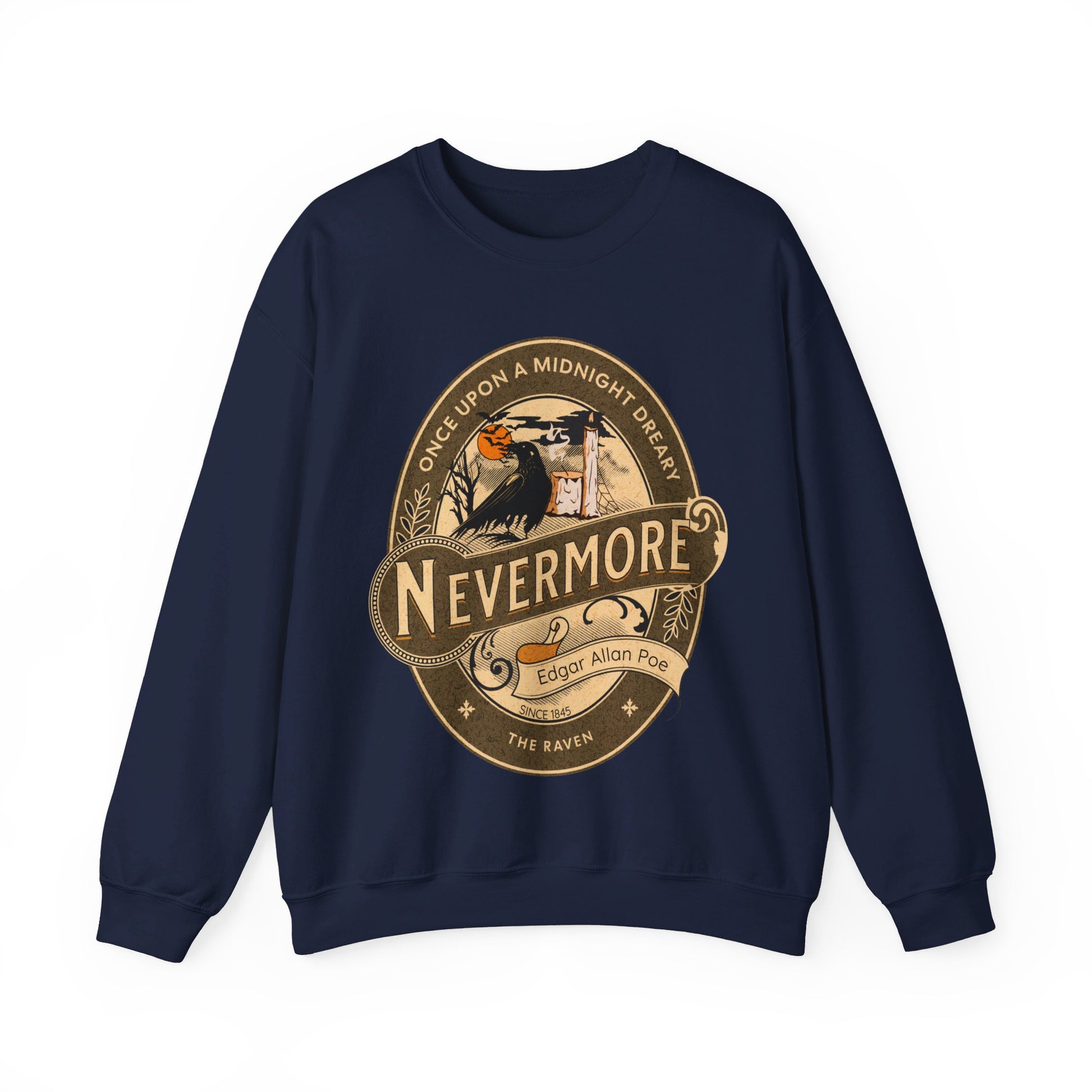 Edgar Allan Poe, Nevermore The Raven Sweatshirt, Book Lover, Halloween, Haunting Gothic Gift, Light, Dark Academia, Horror Movie Sweater Sweatshirt Printify S Navy 