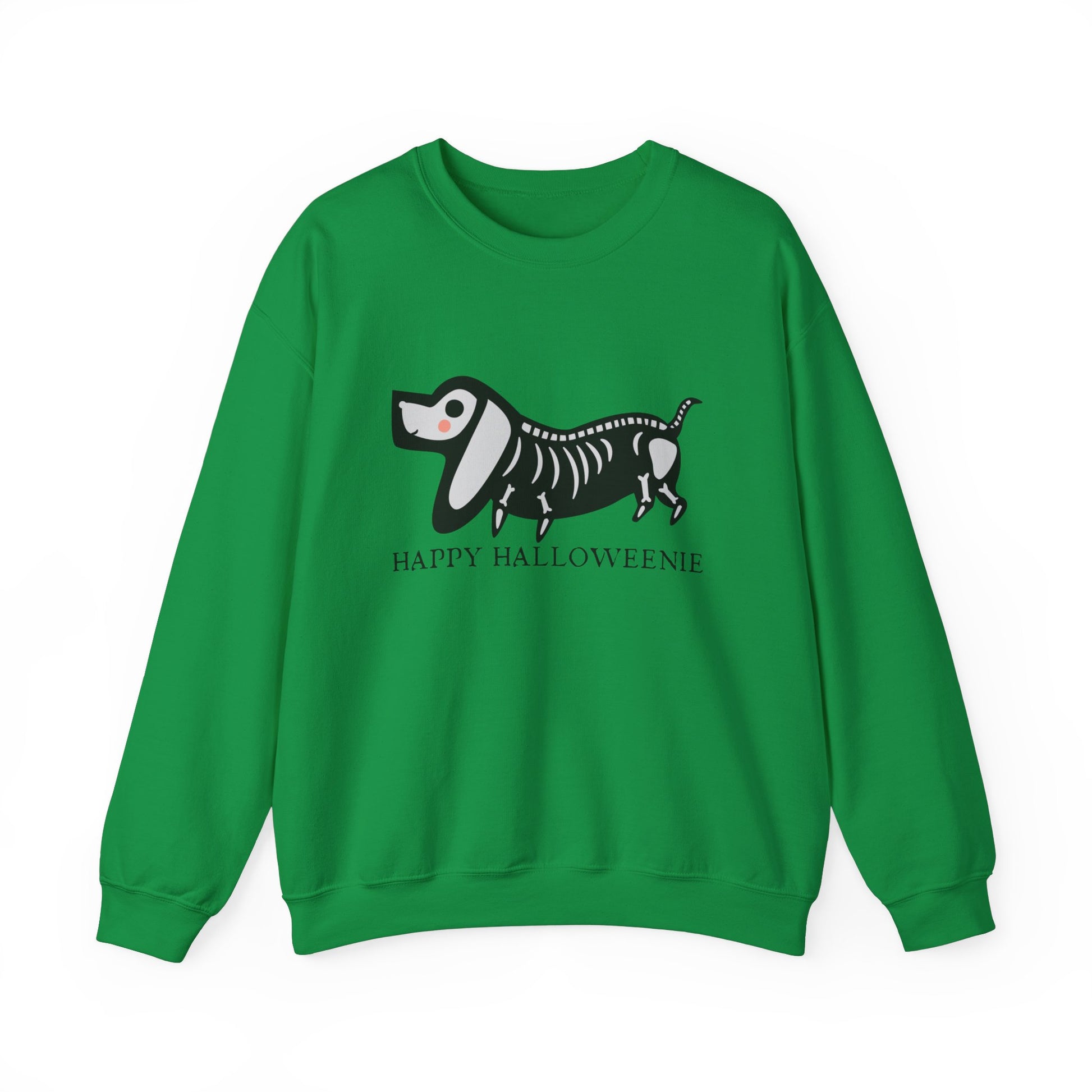 Funny Halloween Dachshund Lover Sweatshirt, Skeleton Dachshund Walking Graphic, Trick or Treat Shirt, Spooky Season, Happy Halloweenie Top Sweatshirt Printify S Irish Green 