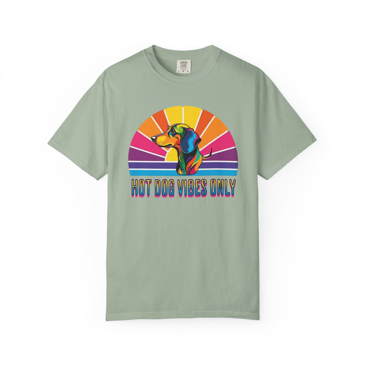 Hot Dog Vibes Only Dachshund T-shirt | Retro Rainbow Sunrise