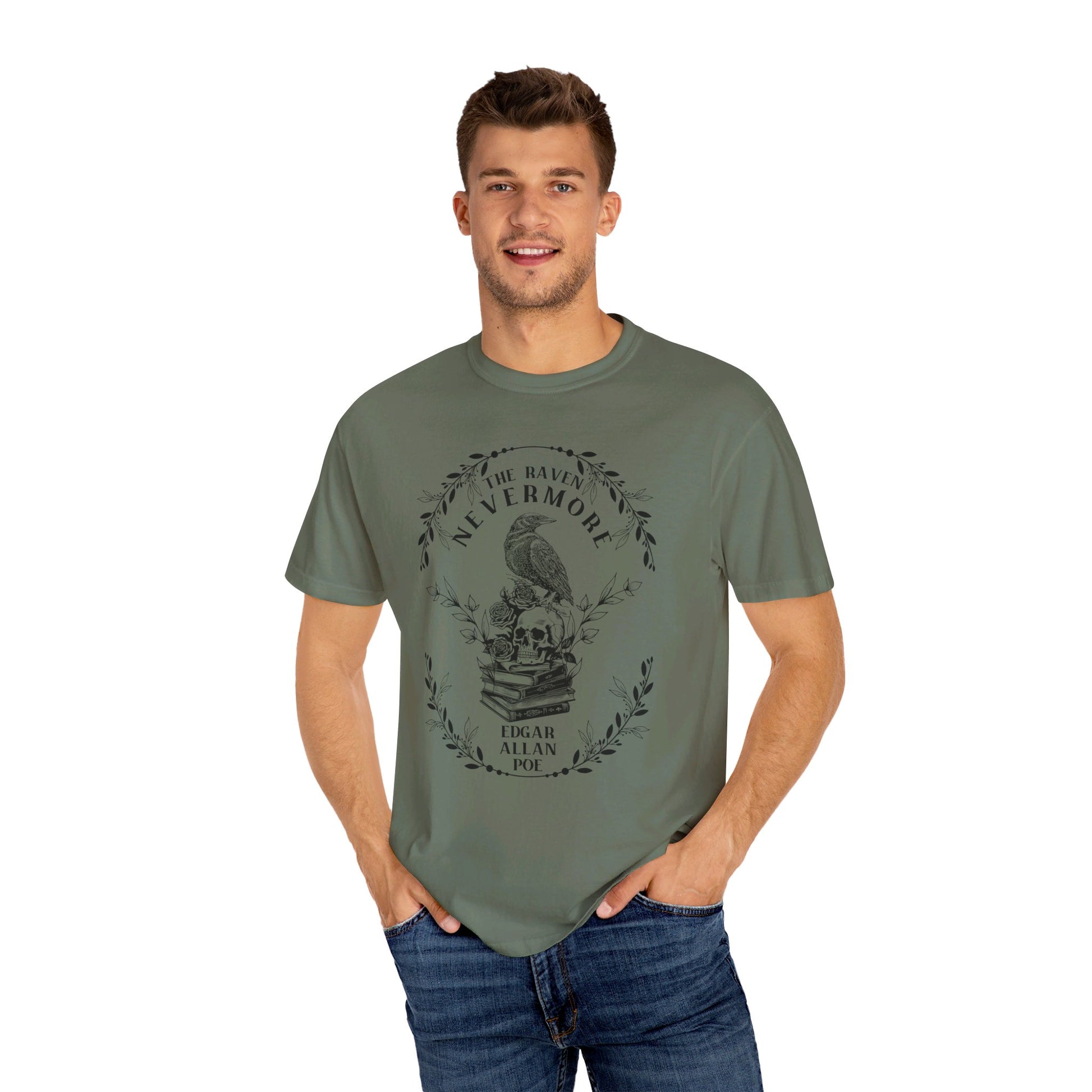 Edgar Allan Poe, Nevermore The Raven Comfort Colors TShirt, Book Lover, Halloween, Haunting Gothic Gift, Light, Dark Academia, Horror Movie T-Shirt Printify   