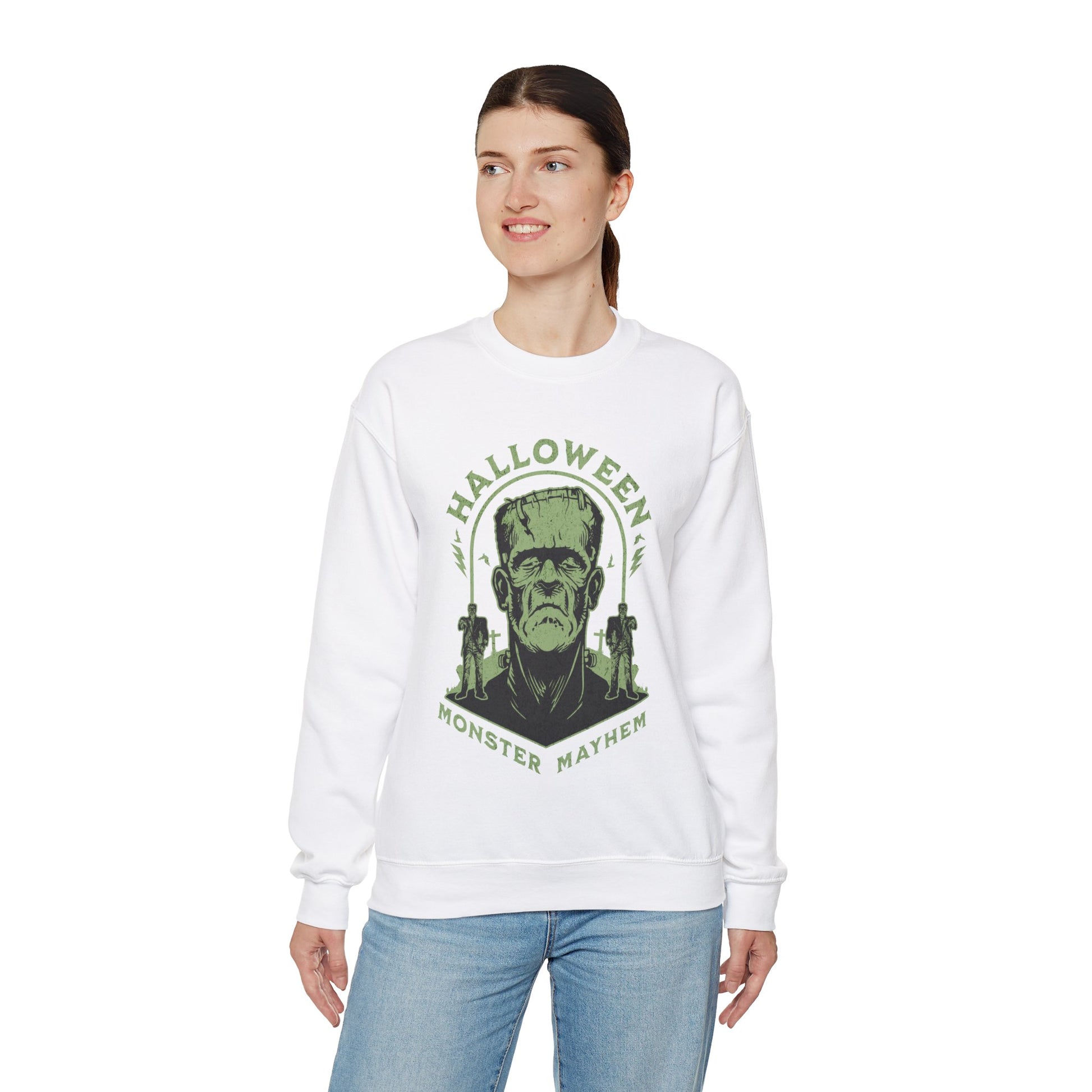 Vintage Halloween Frankenstein Monster Graphic Sweatshirt, Creepy Spooky Book Lover Gift, Horror Movie, Fall Festival Party Sweater. Sweatshirt Printify   