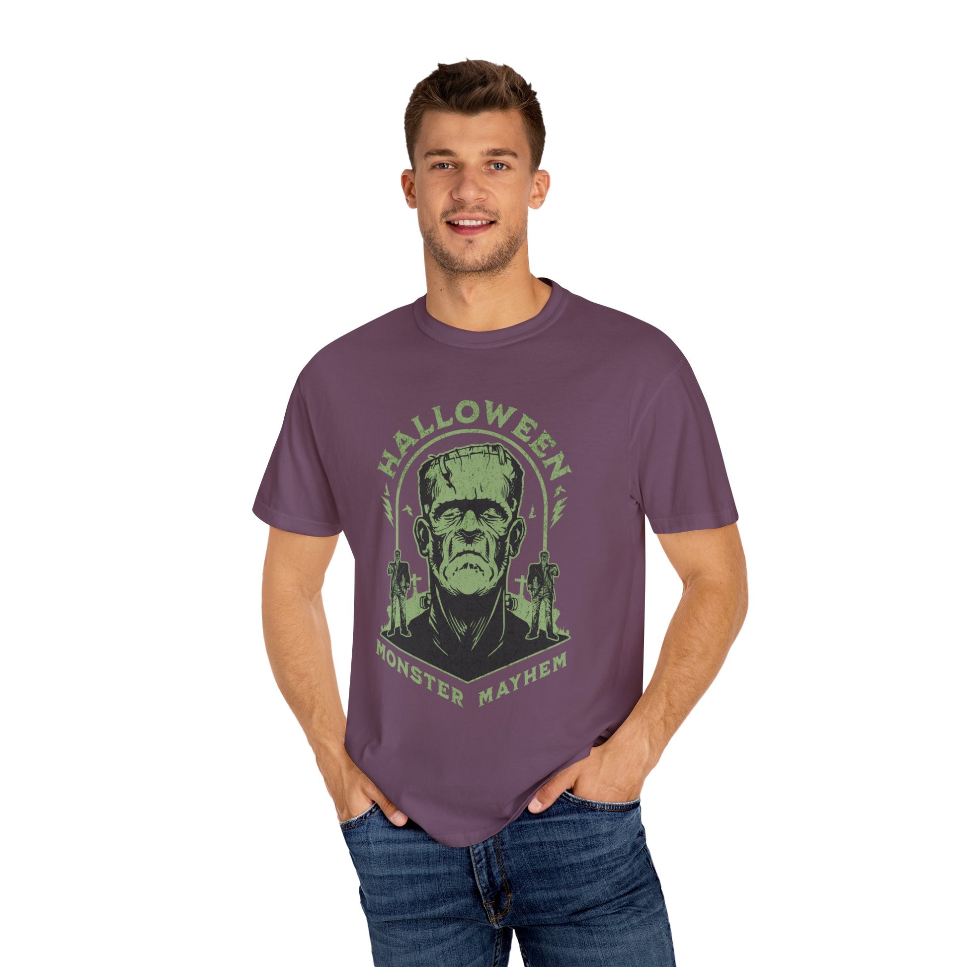 Vintage Halloween Frankenstein Monster Graphic Tee, Creepy Spooky Book Lover Gift, Horror Movie, Fall Festival Party Comfort Colors T Shirt. T-Shirt Printify   