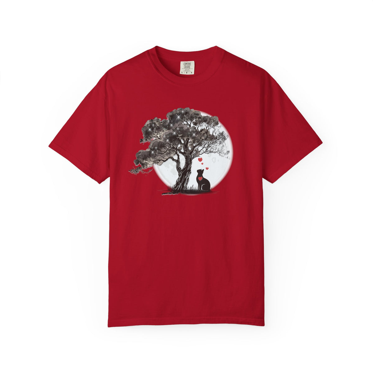 TREE MOON PET Black Dog Under Tree with Red Ball T-shirt | Dog Silhouette Nature Tee