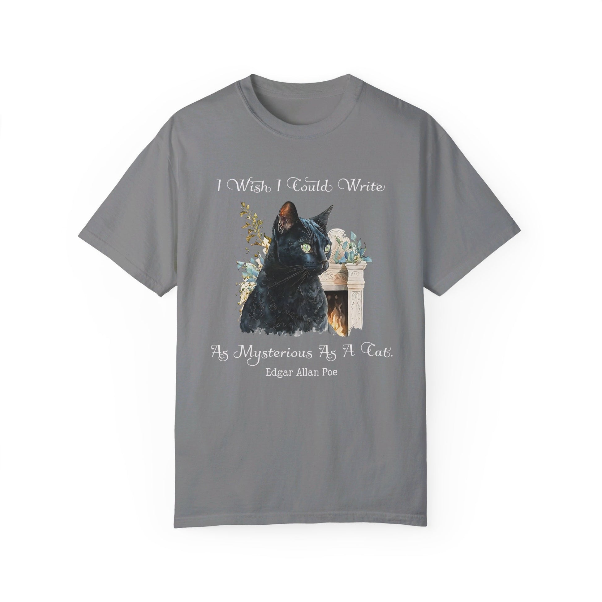 Edgar Allan Poe T-Shirt The Black Cat Nevermore The Raven Poe Fan Art Poetry Book Lover, Dark Cottagecore Macabre Gift, Light, Dark Academia T-Shirt Printify Grey S 