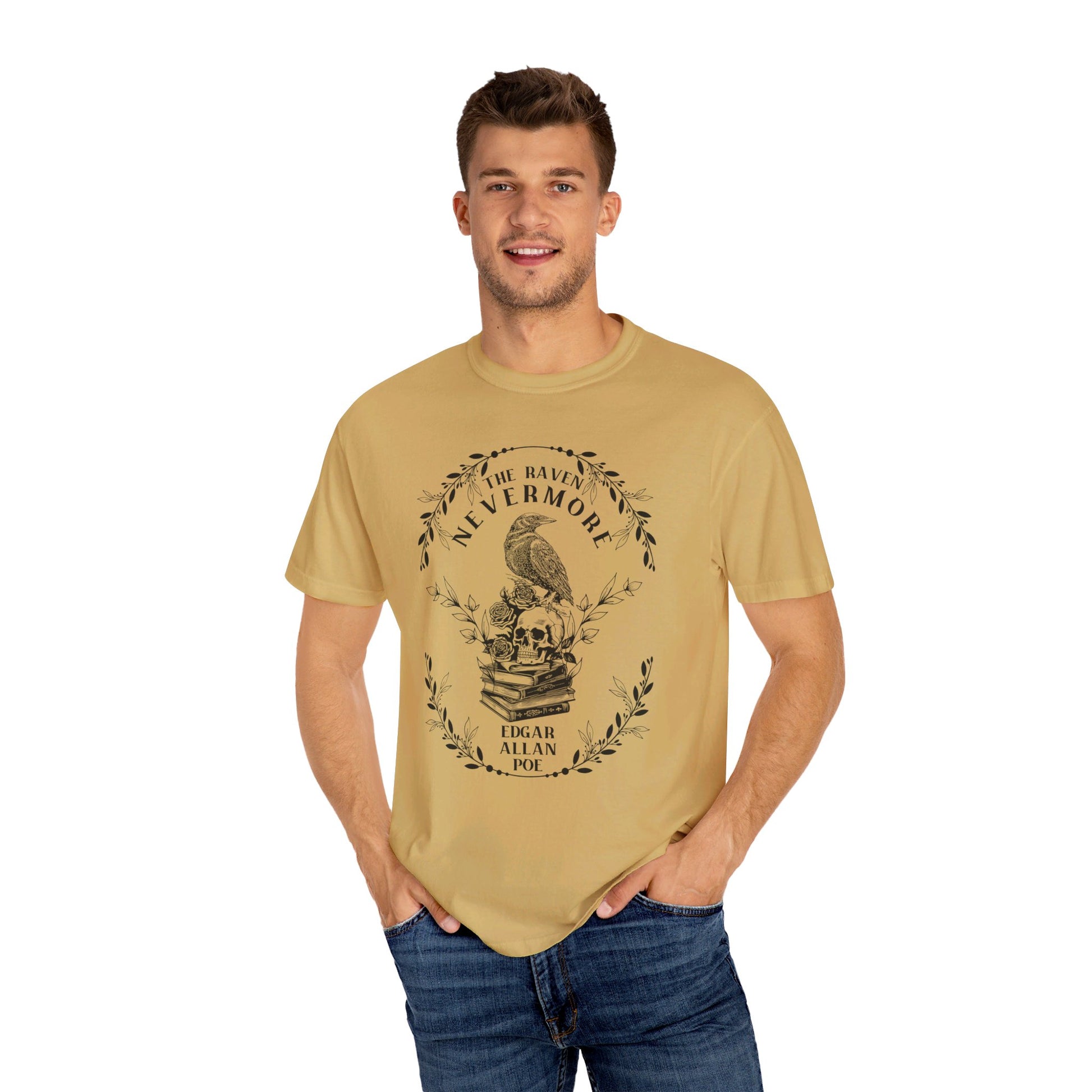 Edgar Allan Poe, Nevermore The Raven Comfort Colors TShirt, Book Lover, Halloween, Haunting Gothic Gift, Light, Dark Academia, Horror Movie T-Shirt Printify   