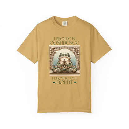 Green Yoga Frog Shirt I Breathe In Confidence And I Breathe Out Doubt Unisex T-Shirt, Casual Wear, Highlander Fan Gift, T-Shirt Printify Mustard S