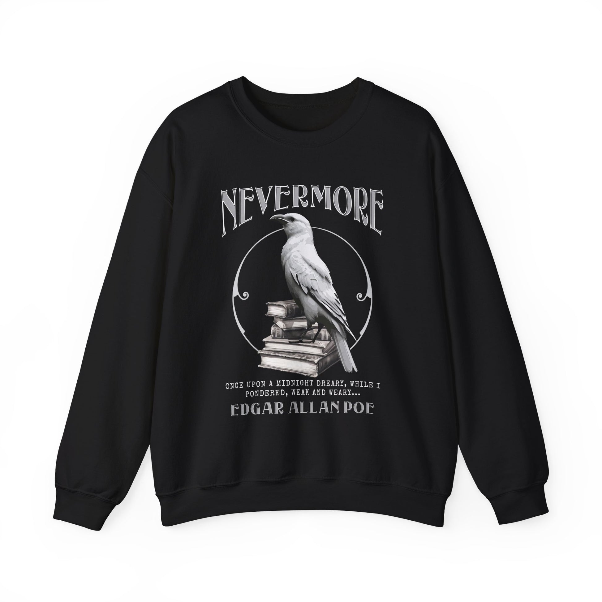 The White Raven Edgar Allan Poe Nevermore Sweatshirt Book Lover Halloween Haunting Gothic Gift Light Dark Academia Horror Movie Bookclub Sweater Sweatshirt Printify S Black 