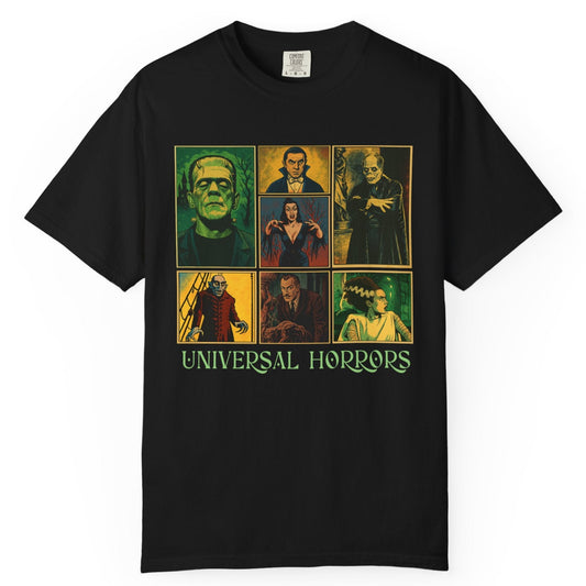Universal Horrors Unisex Garment-Dyed T-shirt, Vintage Horror Tee, Halloween Shirt, Movie Buff Gift, Spooky Outfit, Horror Fan Apparel T-Shirt Printify Black S