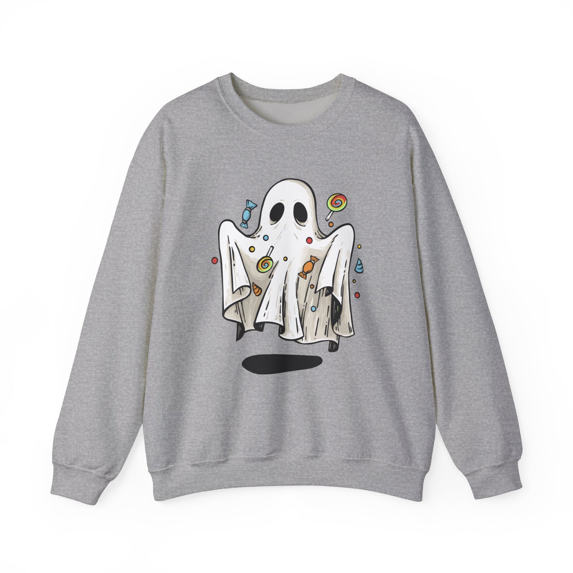 Cute Halloween Ghost Floating, Covered in Candy Sweatshirt, Trick or Treat Shirt, Spooky Ghost Season, Fun Halloween Party, Festival Sweater Sweatshirt Printify S Sport Grey 