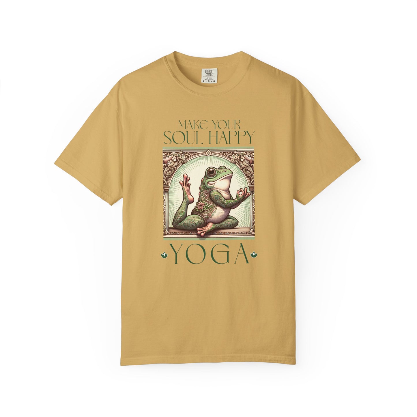 Green Yoga Frog Make Your Soul Happy Unisex T-Shirt, Casual Wear, Highlander Fan Gift, T-Shirt Printify Mustard S