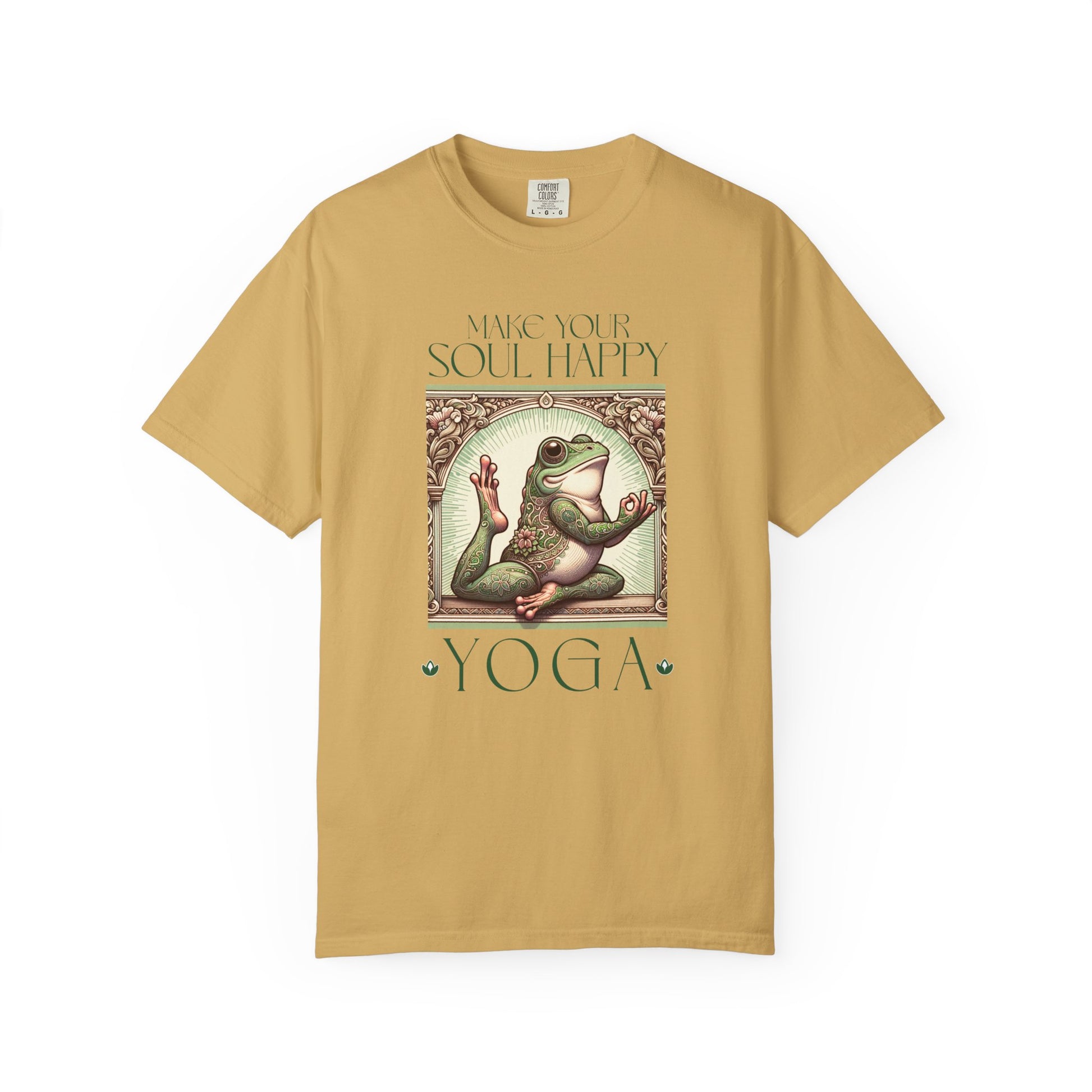 Green Yoga Frog Make Your Soul Happy Unisex T-Shirt, Casual Wear, Highlander Fan Gift, T-Shirt Printify Mustard S