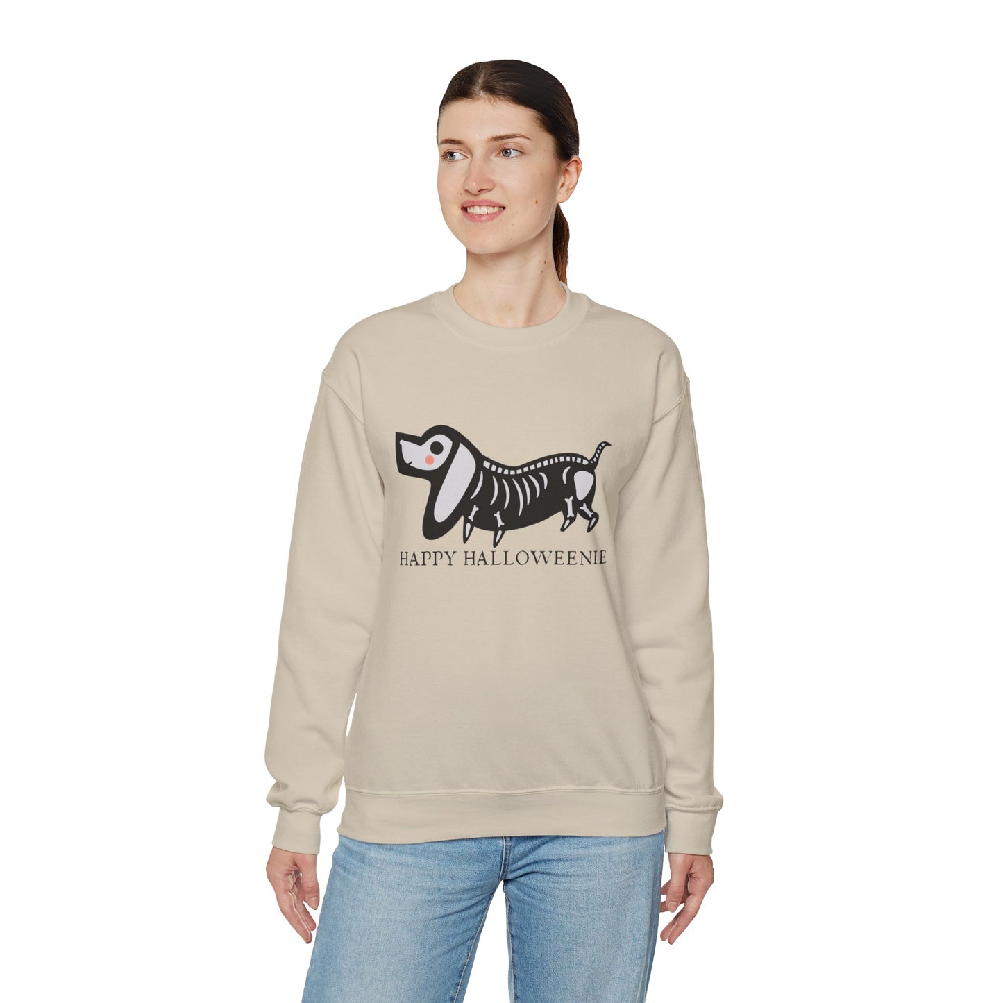 Funny Halloween Dachshund Lover Sweatshirt, Skeleton Dachshund Walking Graphic, Trick or Treat Shirt, Spooky Season, Happy Halloweenie Top Sweatshirt Printify   