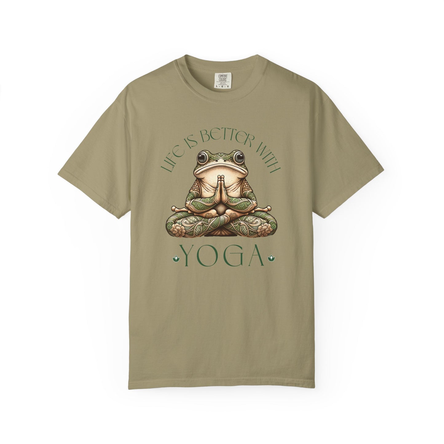 Green Yoga Frog Life Is Better With Yoga Unisex T-Shirt, Casual Wear, Highlander Fan Gift, T-Shirt Printify Khaki S