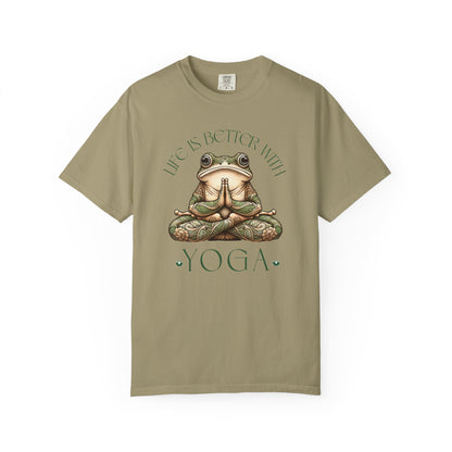 Green Yoga Frog Life Is Better With Yoga Unisex T-Shirt, Casual Wear, Highlander Fan Gift, T-Shirt Printify Khaki S