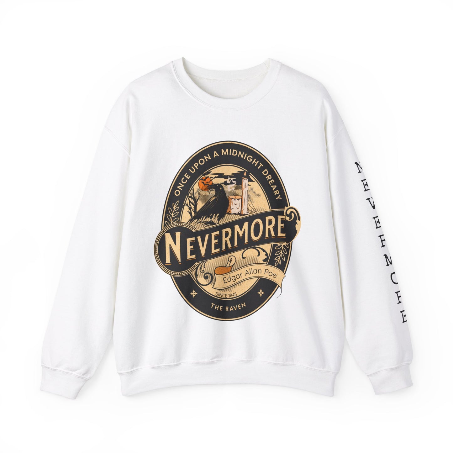 Edgar Allan Poe, Sleeve Print Nevermore The Raven Sweatshirt, Book Lover, Halloween, Haunting Gothic Gift, Light, Dark Academia, Horror Movie Sweater Sweatshirt Printify S White 