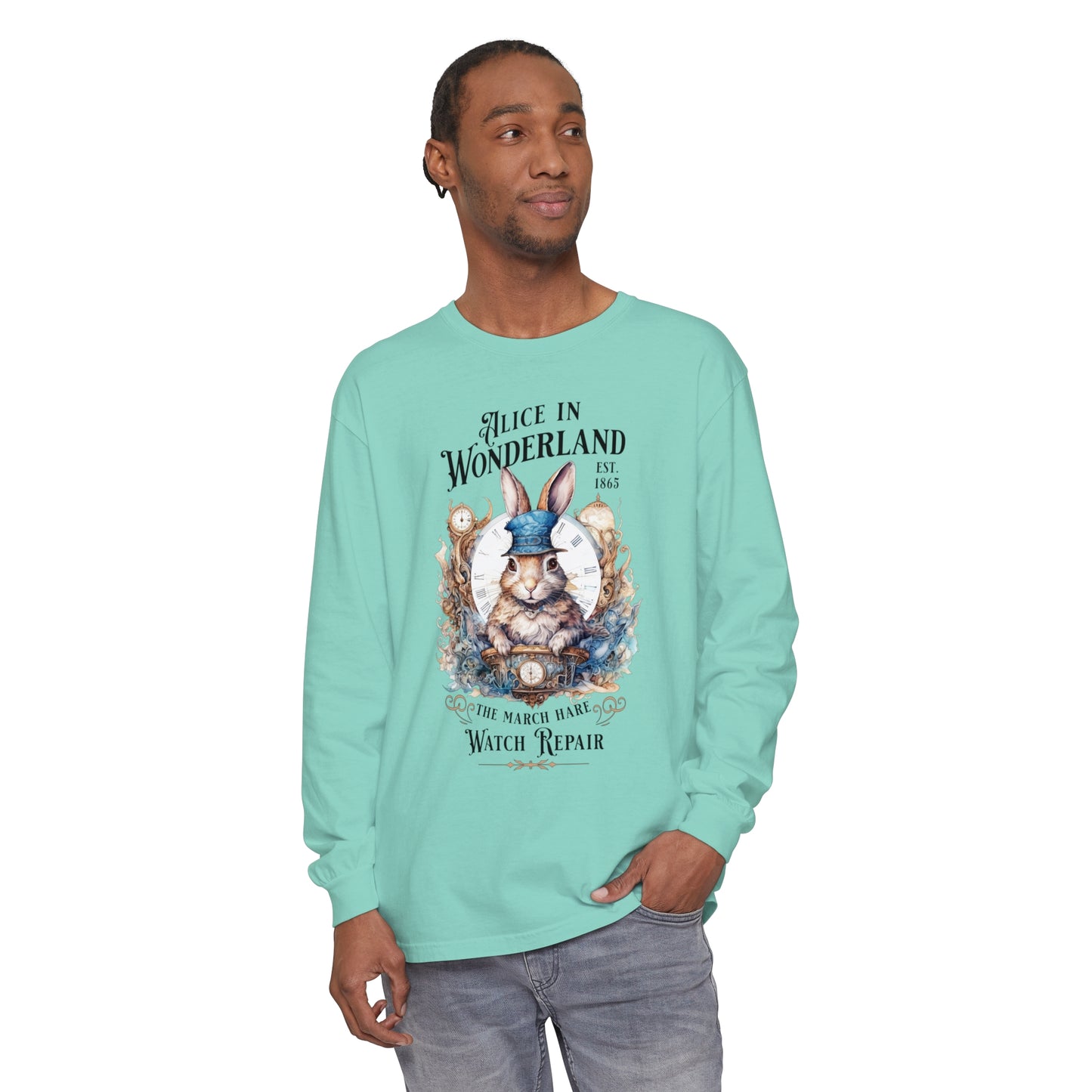 Alice in Wonderland Long Sleeve Shirt, Lewis Carroll Dark Academia TShirt, Mad Hatter Tea Party March Hare White Rabbit Bookish Booktok Gift Long-sleeve Printify   