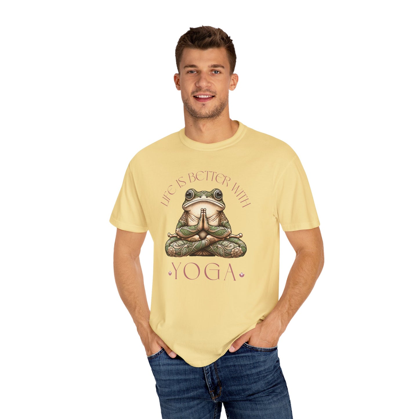 Pink Yoga Frog Life Is Better With Yoga Unisex T-Shirt, Casual Wear, Highlander Fan Gift, T-Shirt Printify