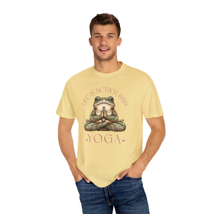 Pink Yoga Frog Life Is Better With Yoga Unisex T-Shirt, Casual Wear, Highlander Fan Gift, T-Shirt Printify