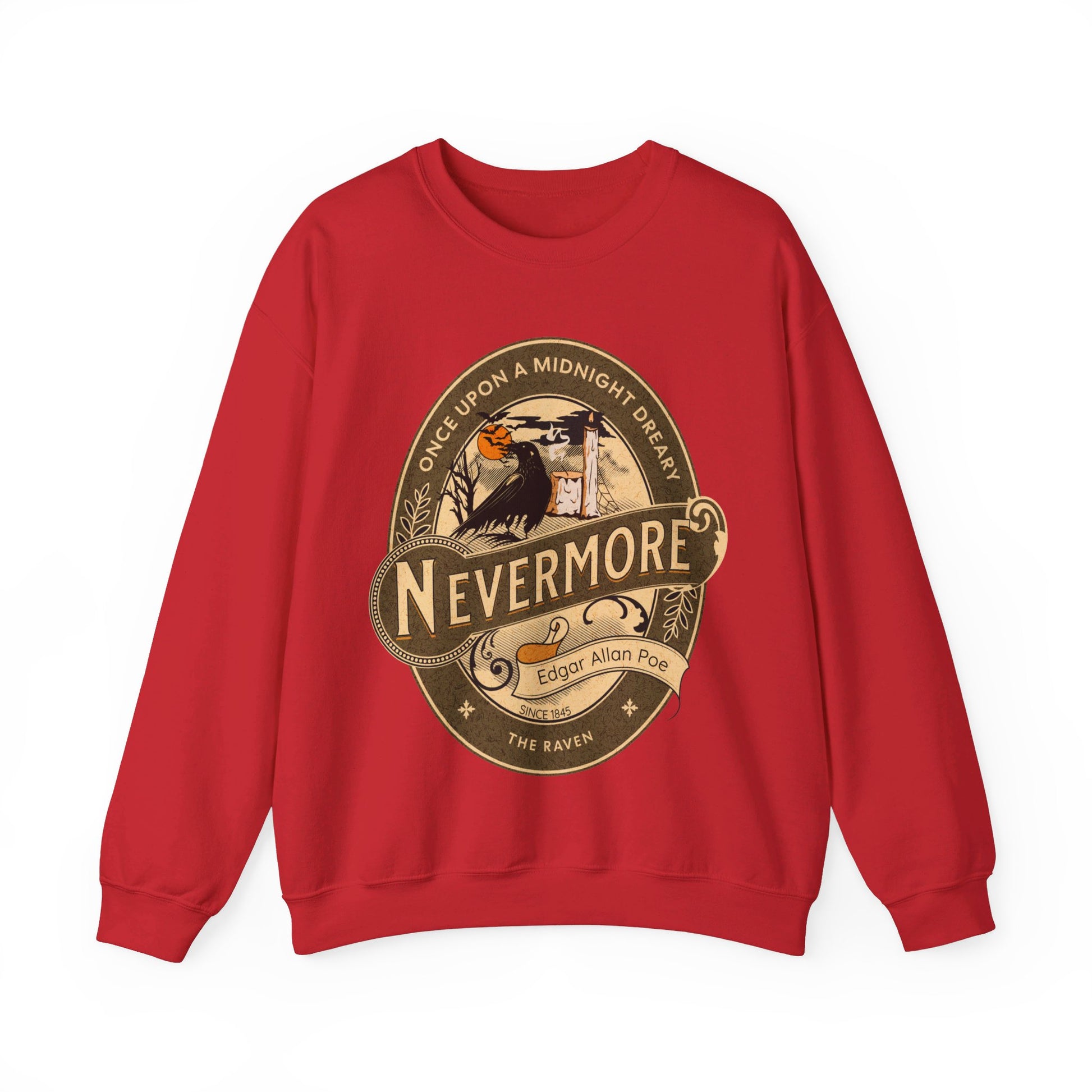 Edgar Allan Poe, Nevermore The Raven Sweatshirt, Book Lover, Halloween, Haunting Gothic Gift, Light, Dark Academia, Horror Movie Sweater Sweatshirt Printify S Red 