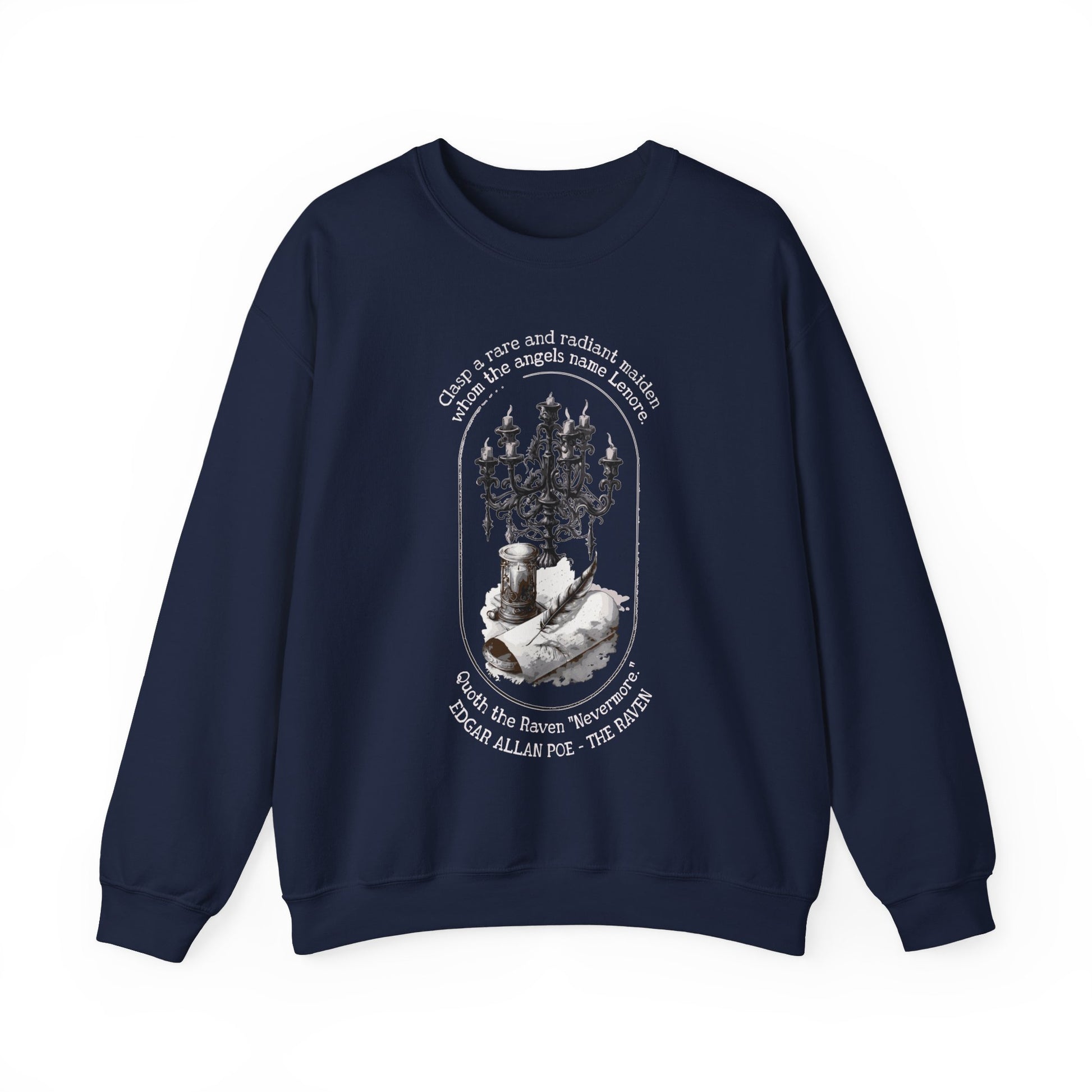 Edgar Allan Poe, Nevermore The Raven Sweatshirt, Book Lover, Halloween, Haunting Gothic Gift, Light, Dark Academia, Horror Movie Sweater Sweatshirt Printify S Navy 