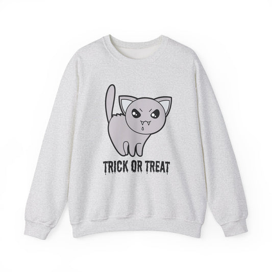 Cute Halloween Vampire Cat Sweatshirt, Trick or Treat Shirt, Spooky Ghost Season, Fun Halloween Fall, Festival Sweatshirt Sweatshirt Printify S Ash 